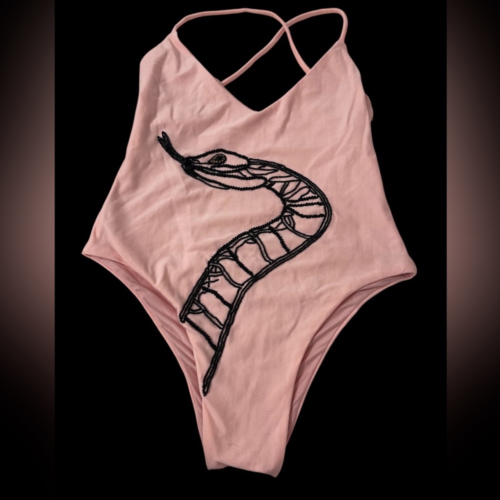 Pink Women's Swimsuit with Black Embroidery